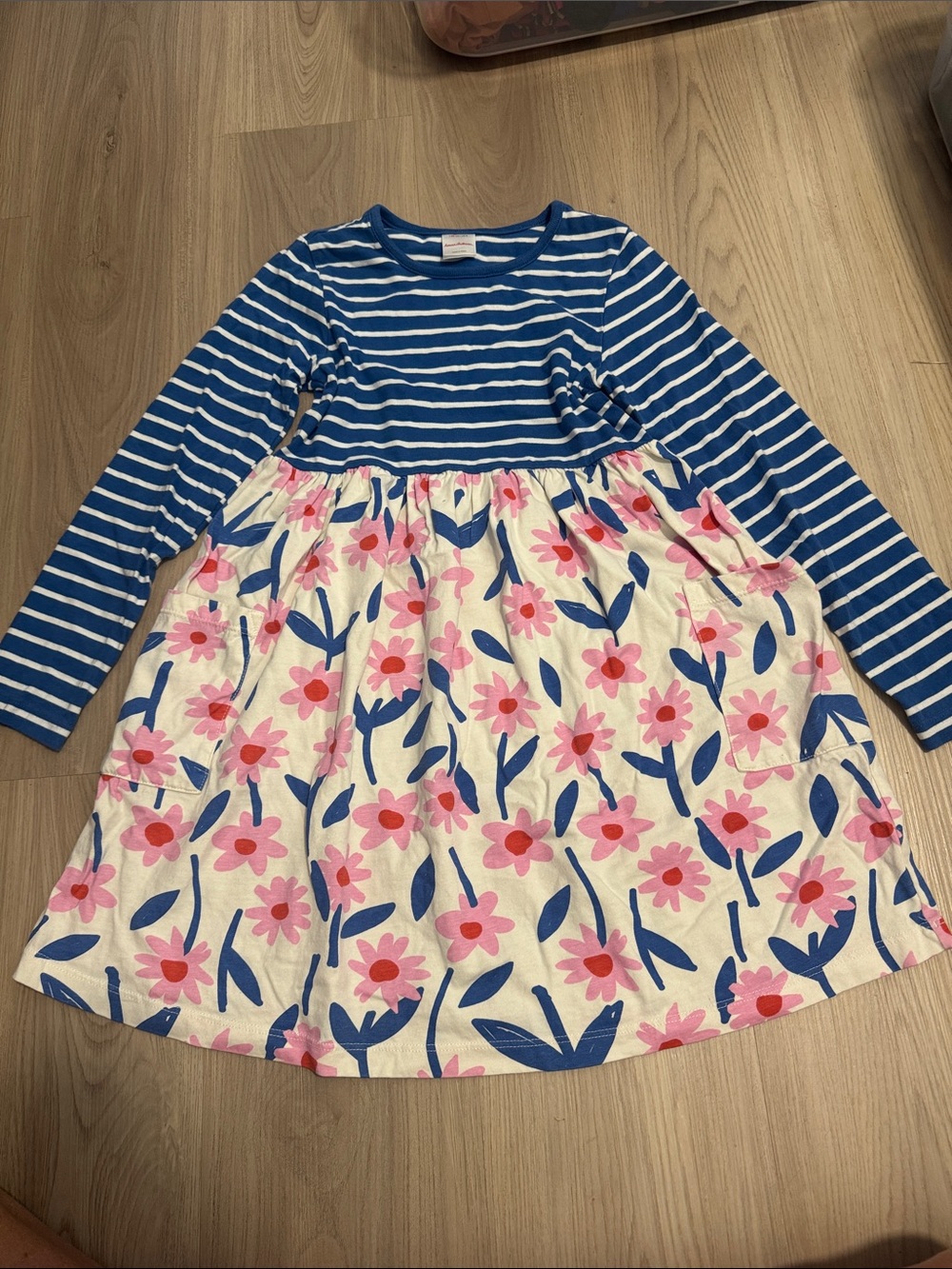 Hannah Andersson Girls Blue Striped & Floral Long-Sleeve Dress - 8